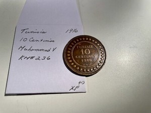 Tunisia 1916 AH 1334 10 Centimes KM#236 Mohammed V Nice High Circulated Grade