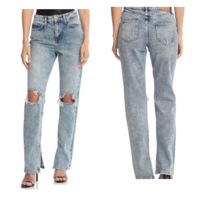 Avec Les Filles Straight High-Rise Split-Hem Acid Wash Distressed Jeans 30x33 Nw