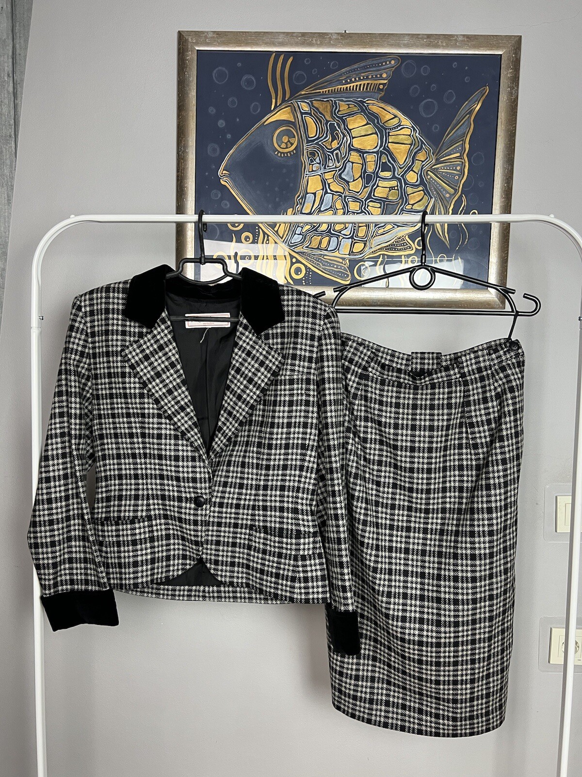 Tuta YSL Saint Laurent Variation vintage grigia gonna a quadri taglia 48 50 (16 18 US)