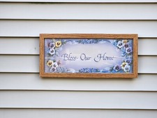 Bless Our Home Sign Wall Art Plaque Flowers Floral Welcoming 9-5/8" x 21-5/8"