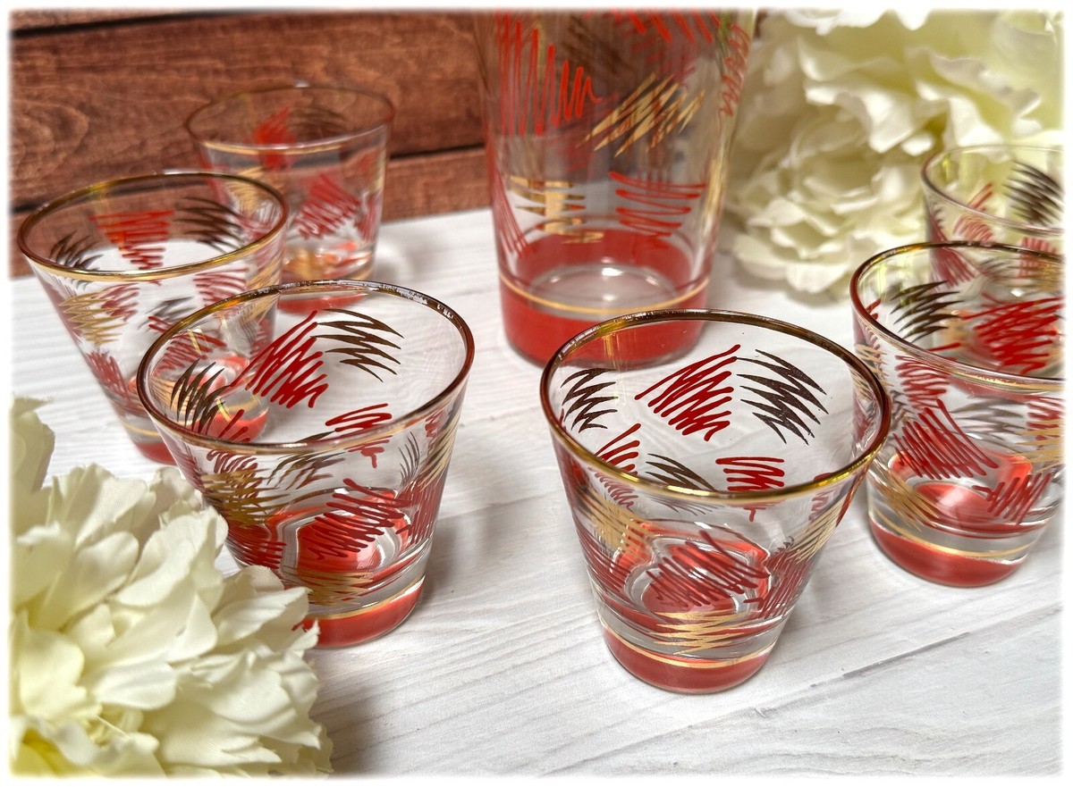 RARE shaker à cocktail et verres modernes du milieu du siècle orange et