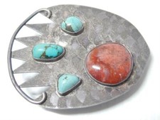 VINTAGE SGND PUEBLO INDIAN STERLING SILVER TURQUOISE AGATE WESTERN RODEO BUCKLE