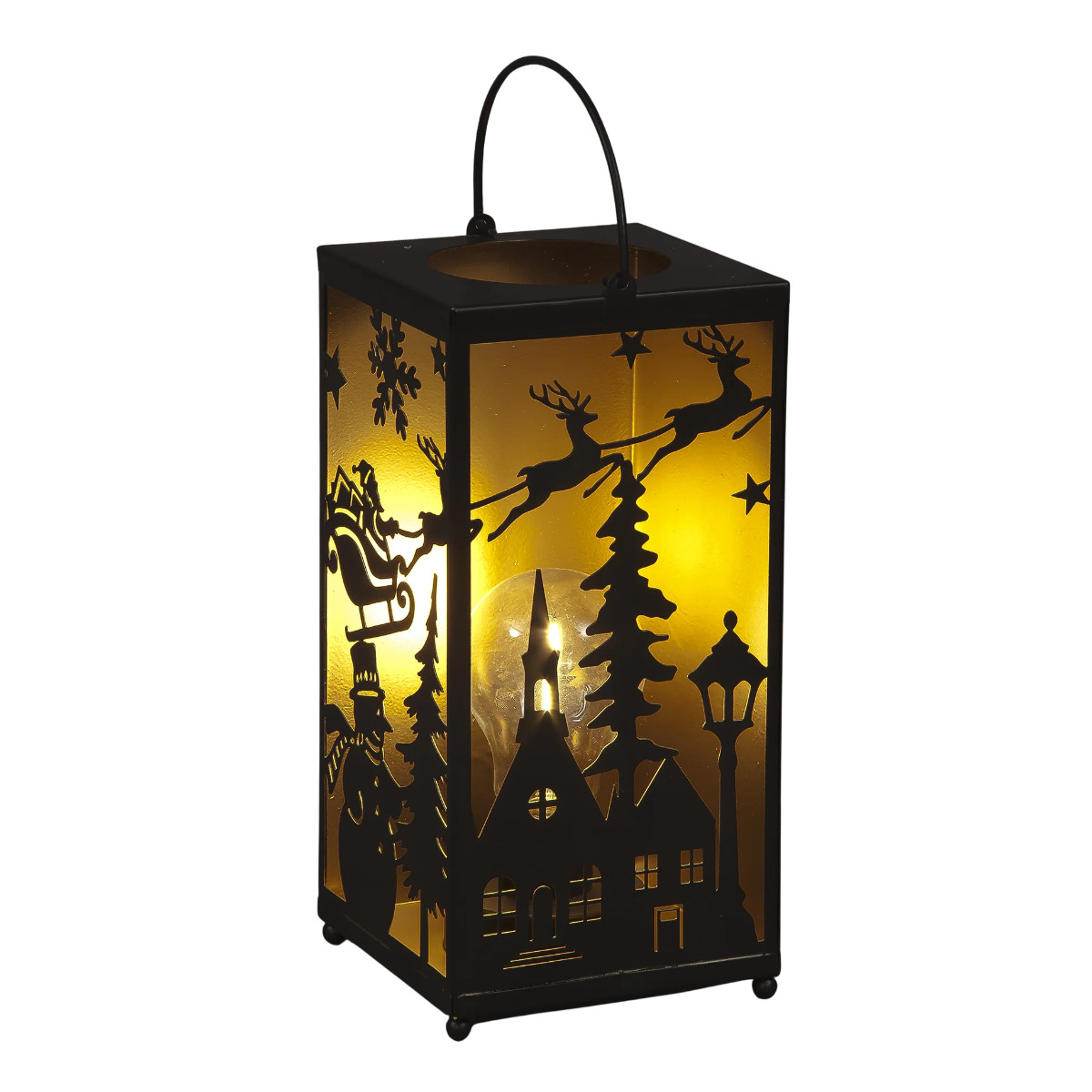 24cm Metal Lantern with Santa Sleigh Scene Warm LED Light Christmas Décor