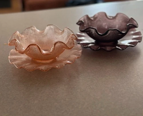 Vintage Ruffled Glass Bowl & Plate Sets Pink Amethyst Textured 4 Pc