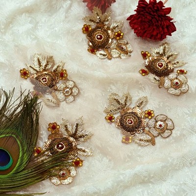 Vintage Peach Net Hand-Embroidered Appliques   Set of 5, Zardozi, Dabka, Decor