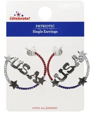 Way to Celebrate Americana Silver Tone 2” Silver, Red & Blue USA Motif Hoops NWT