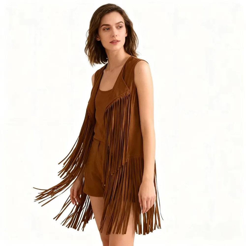 Retro 70s Women Outerwear Tassel Vest Lightweight Sleeveless Slim Fit Waistcoat