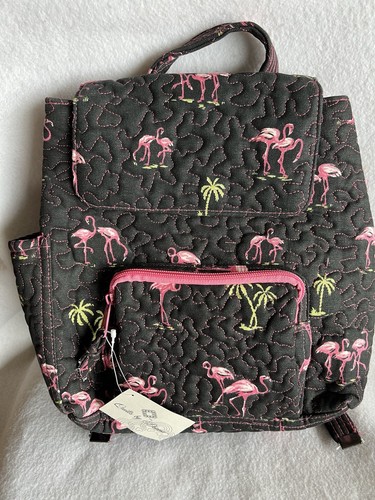 NEW DONNA SHARP QUILTED BACKPACK- BLACK W/PINK FLAMINGOS