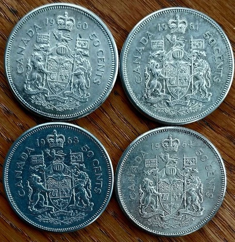 Four (4) Canada .800 Silver 50 cent coins. 1960, 1961, 1963, 1964