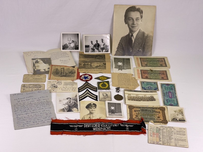 WWII US Army Named Grouping Militaria Lot Photos Patches Medal Currency Armband