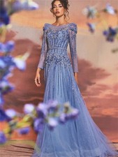Tulle Long Sleeve Prom Dress Luxury Sequin Evening Dresses Simple Floor Length