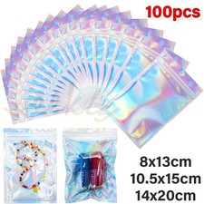 100 Holographic Mylar Foil Bags Smell Proof Resealable Clear Zip Pouch Food