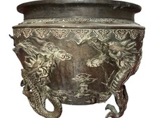 Meiji Bronze Jardiniere Relief Cast Dragons Signed Yoshida Zo Monumental 23x17”