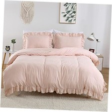 Ruffle Duvet Cover Queen Size, 3PCS Soft Washed Microfiber Queen 90"x90" Pink