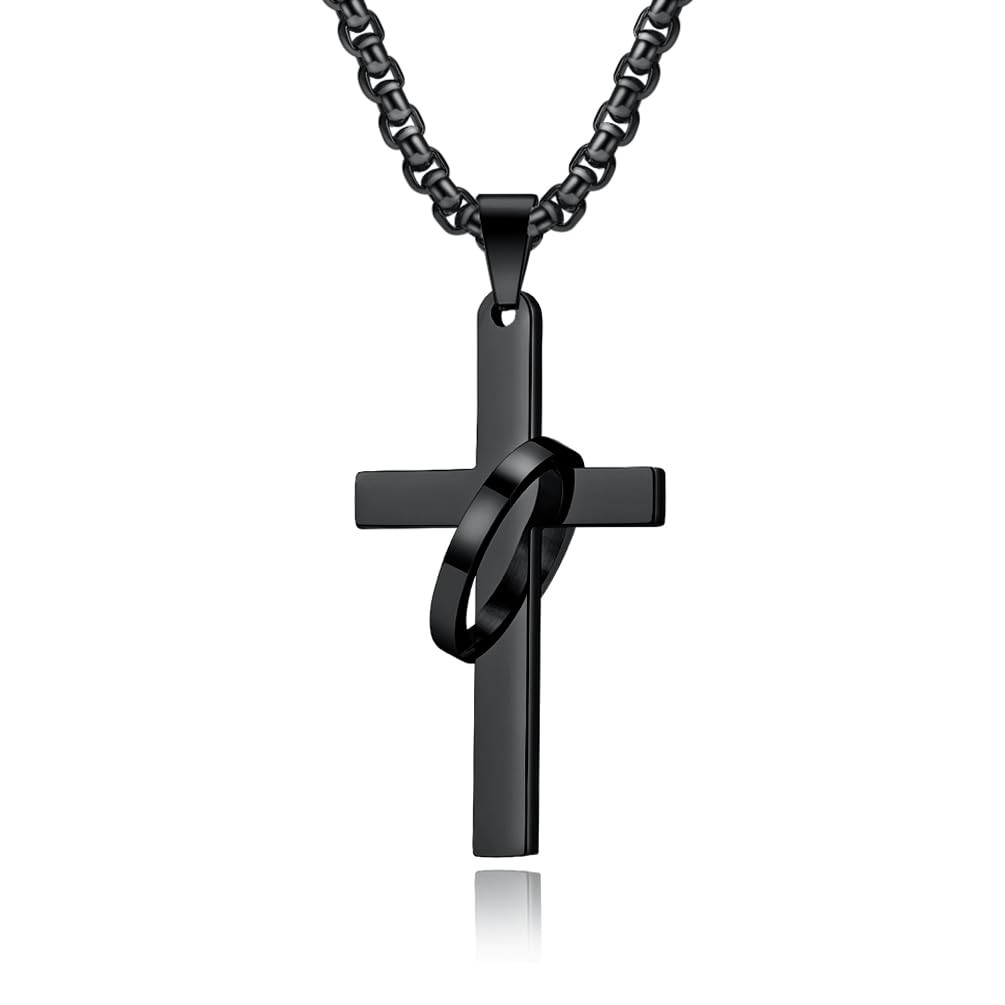 Black Cross Necklace for Men - Stainless Steel Jesus Christ Crucifix Pendant with Chain