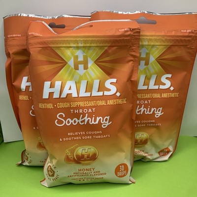 3 Bags HALLS Throat Soothing Honey Flavor Cough Drops 3 Bags 90 Total Drops 4/27
