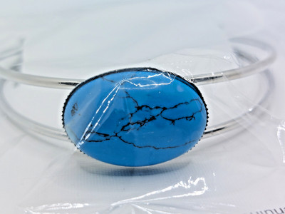 Red Velvet Bijoux Silver Tone Cuff Bracelet w. Genuine 18 X 25 mm Turquoise...