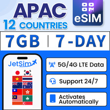 Asia-Pacific 12 Countries eSIM - 7GB High-Speed, 7 Day JetSim/Travel SIM