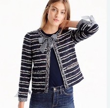 J CREW 4 Navy Blue Tweed Lady Jacket Blazer w/ Ties Career Work Preppy Classic