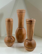 Set of 3 Hand-Turned Wood Bud Vases with Glass Liner, Single Stem, Banded Neck
