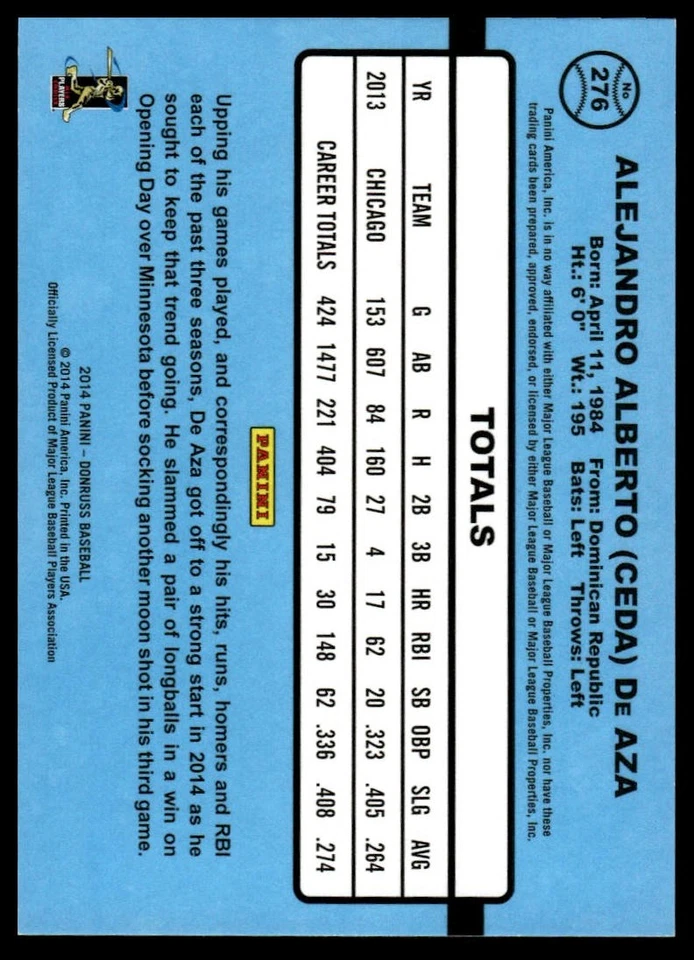 2014 Donruss #276 Alejandro De Aza Press Proofs Gold #/99 - Image 2 of 2