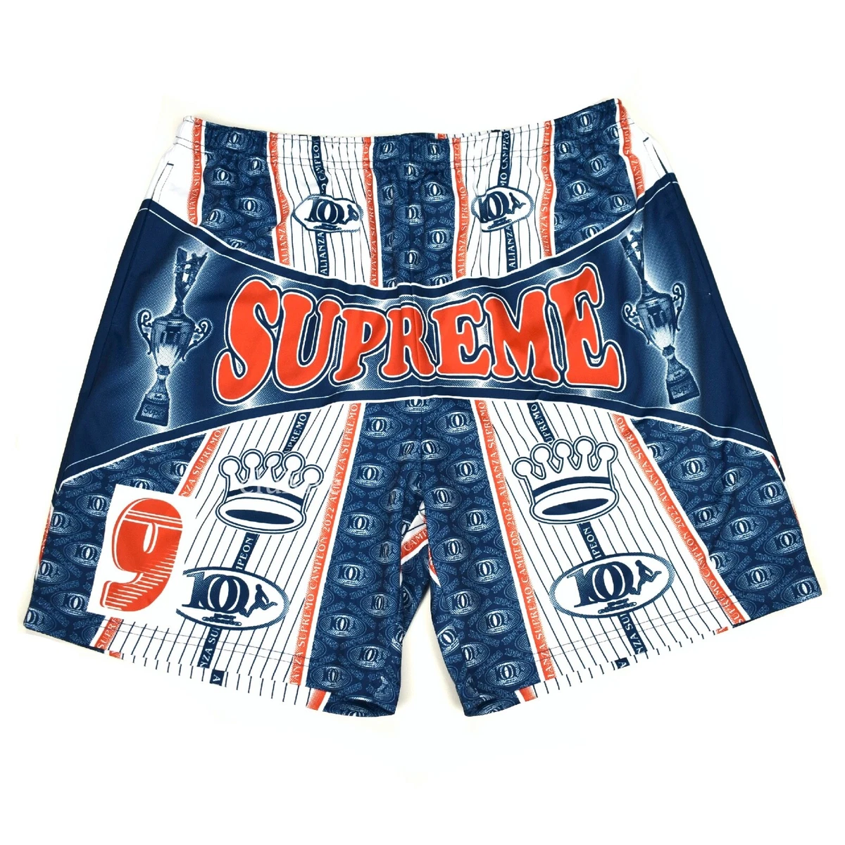 NWT Supreme Por Ciento Logo Print Soccer Shorts Navy Men's L DS FW22  AUTHENTIC