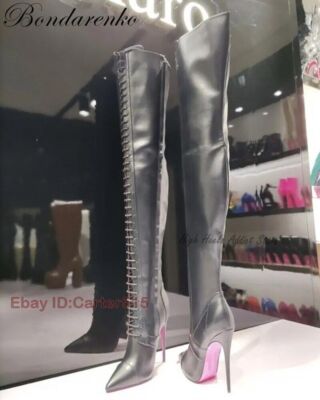 Matte Leather Lace up Thigh Boots PointyToe Stiletto Heels over Knee Boot Zipper