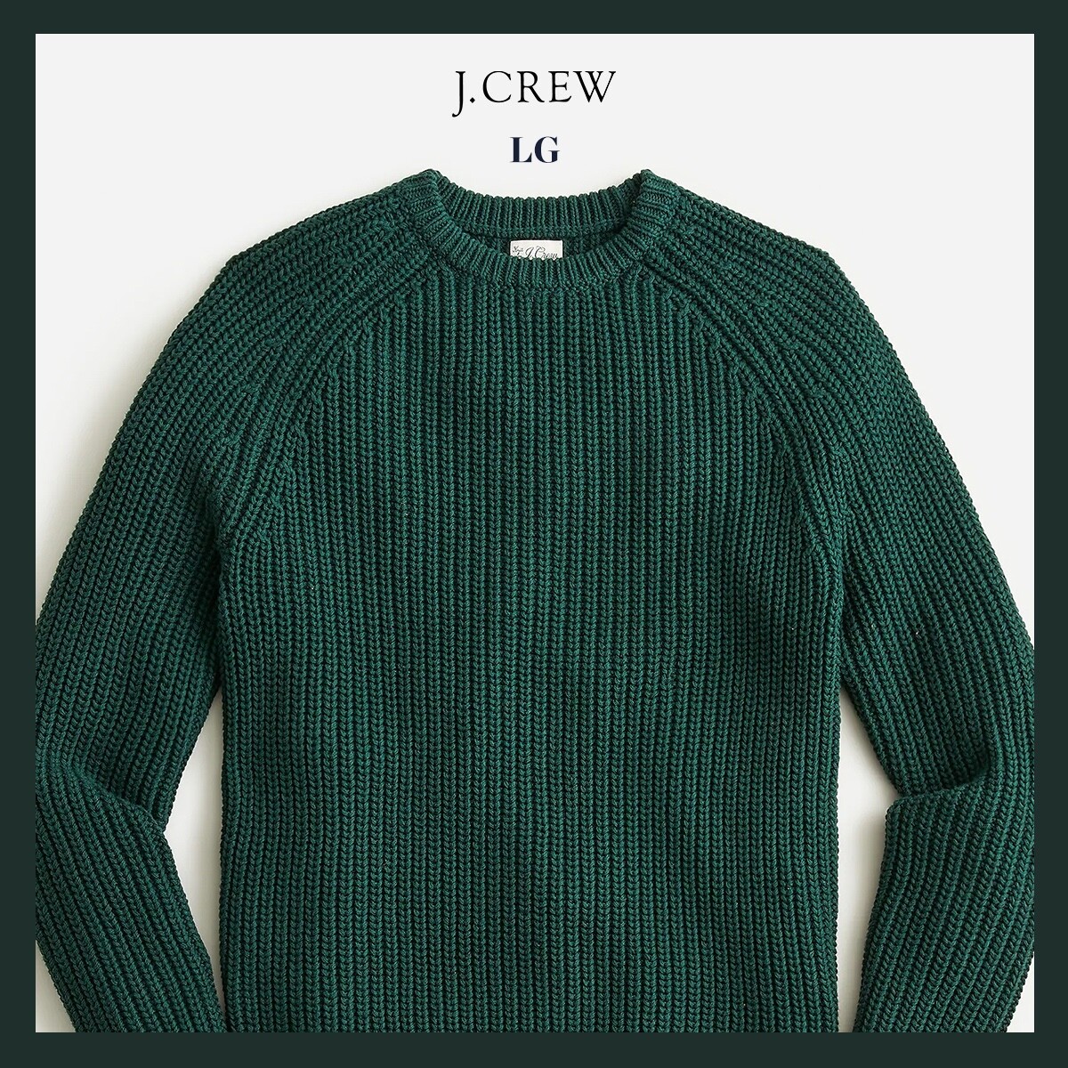 NWT J. Crew Heritage Cotton ShakerStitch Crewneck Sweater, Green