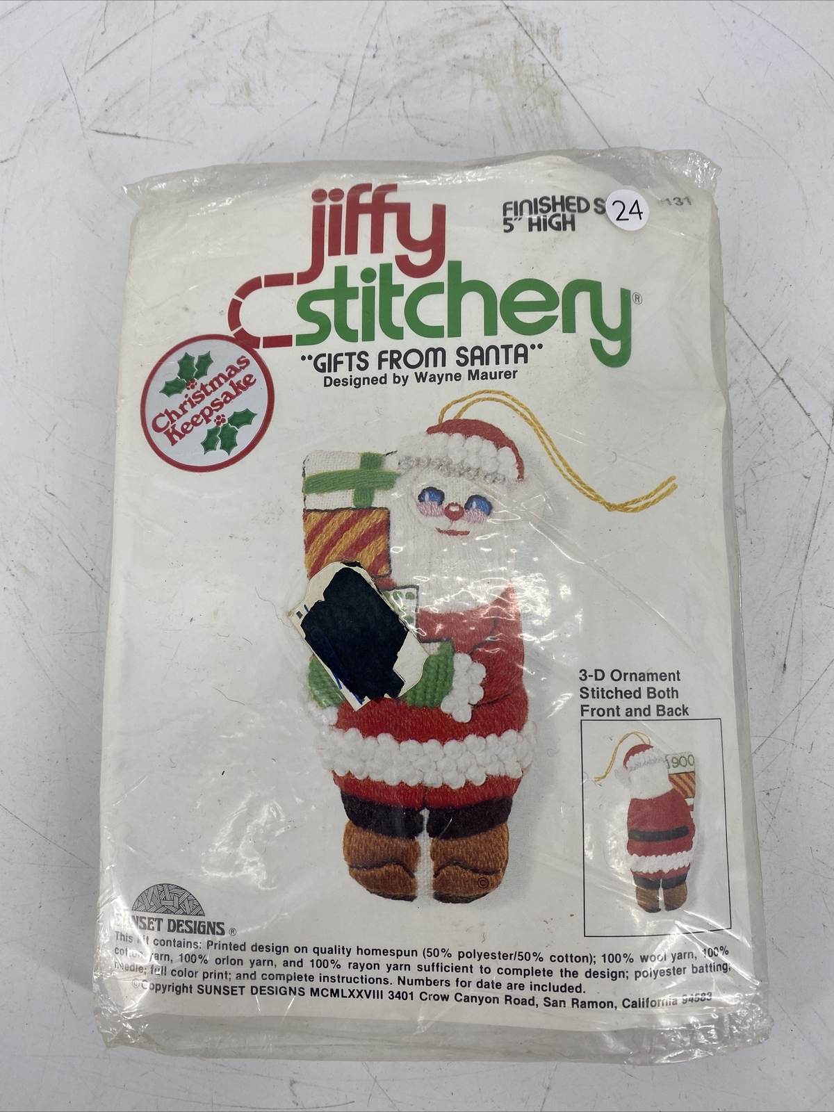 New Old Stock Jiffy Stitchery Christmas 3D Gifts From Santa Ornament