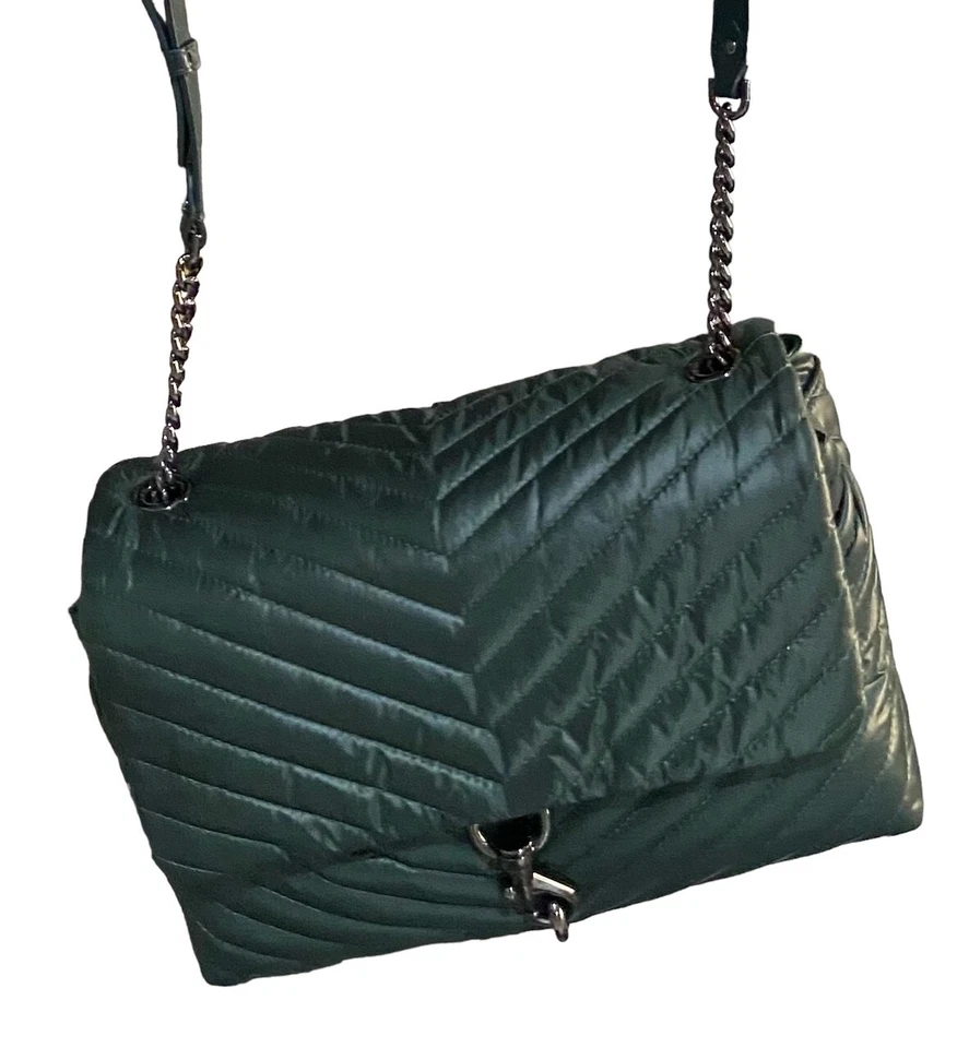 Bolso Jumbo de Hombro Rebecca Minkoff Edie con Solapa, Nylon Profundo Jade/Punmetal Nuevo