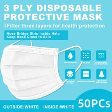 [50 Pcs] White Face Mask Disposable Non Medical Surgical 3-Ply Earloop Mask