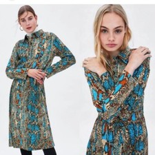 New Zara Snakeskin Animal 70s Long Sleeve Midi Dress Sz M