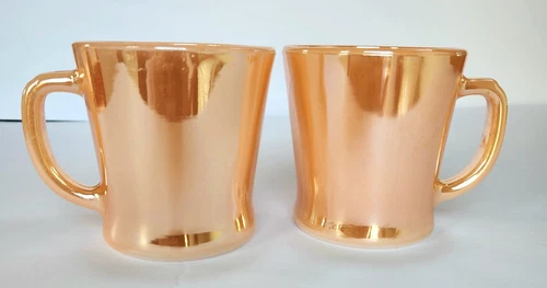 2 Pc. Fire King Peach Luster Mugs Anchor Hocking D Handle Iridescent Mid Century