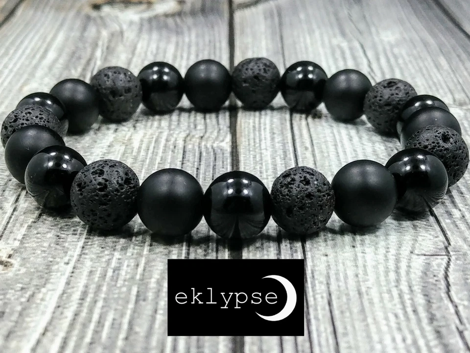 Pulsera de lujo de 8" de 10 mm de ónix mate y pulido + piedras preciosas de lava con cuentas para hombre sin metal Foto 3 de 4