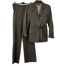 Tahari Women's 2 Pc Button Down Belted Lined Blazer/Pant Suit Brown Size 4