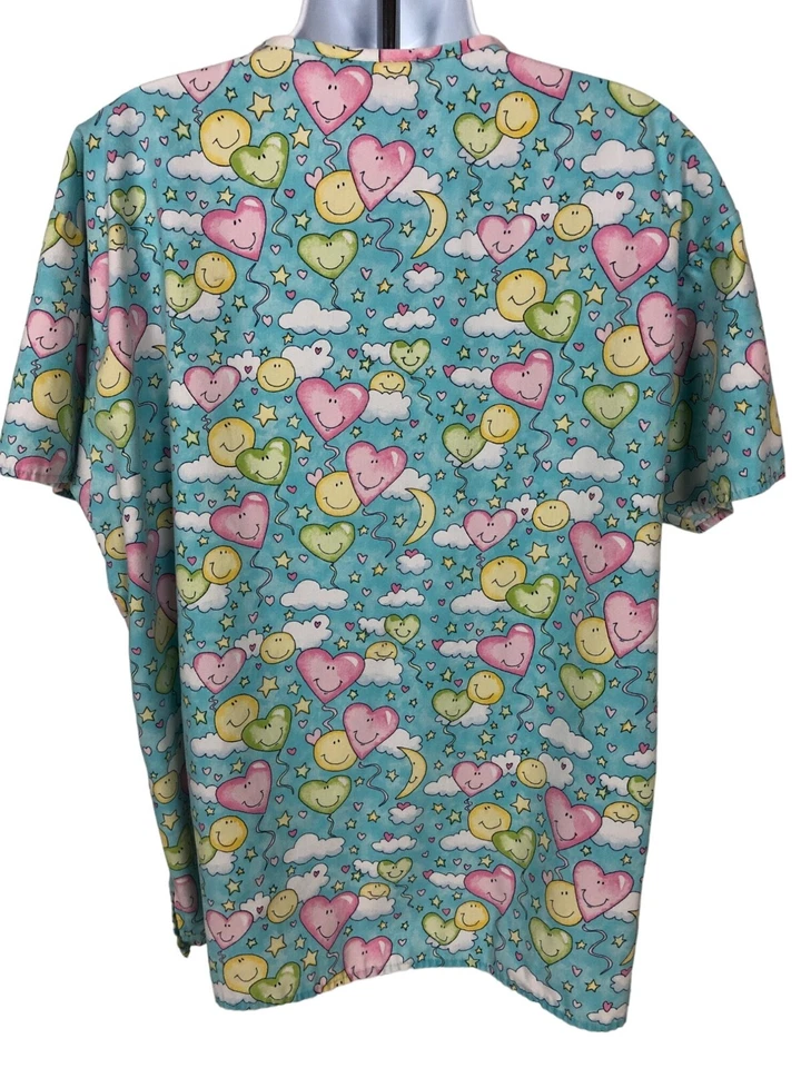 Crest Womens Scrub Top Size M Blue with Pink Yellow Smiley Hearts Moons Pockets - Image 3 of 4