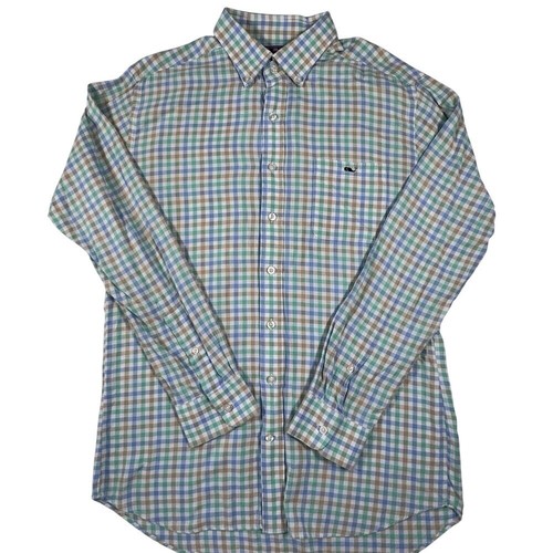 Vineyard Vines Slim Fit Tucker Shirt Men's L Blue Tan Green Plaid Brushed Cotton - Picture 3 of 6