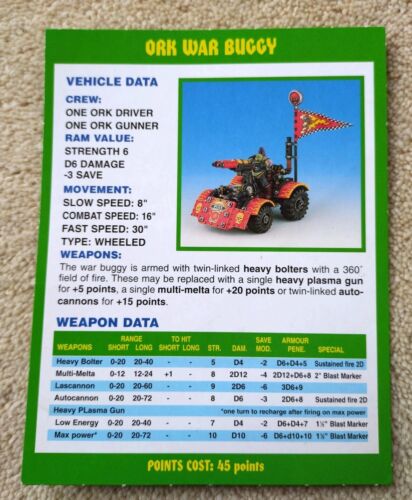 Ork War Buggy Vehicle Data Card Warhammer 40k 2nd Edition games workshop 40000 - Picture 1 of 1