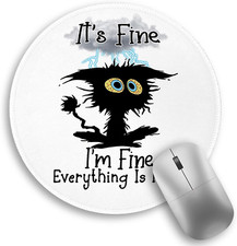 Black Cat round Mouse Pad, Funny Small Mouse Pad with Non-Slip Rubber Base, Stit