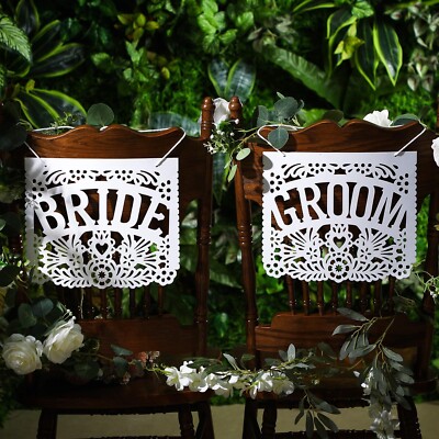 Mexican Wedding Decorations White Papel Picado Bride and Groom Chair Signs Me...