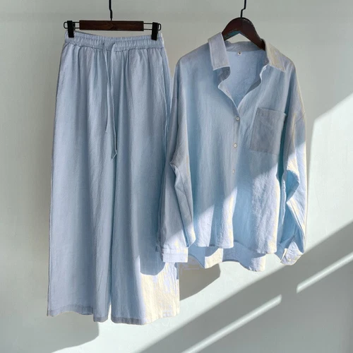 Women Lady Summer Solid Color Cotton Linen Suit Lapel Long Sleeve Top Leg Pants - Bild 19 von 42