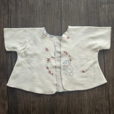 Vintage Embroidered Flannel Baby Jacket Boquets Blue Kitten Open Front 1950's