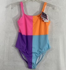 New Andy Evan Girls One Piece Swimsuit Large 12/14 Pink Color Block UPF 50 NWT