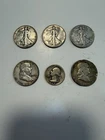 Lot Of 6 90% Silver Half Dollars, Franklin, Walking Liberty And 1 Quarter