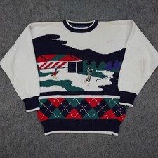 Vintage Par Four Sweater Mens Medium White Green Golf Scene Argyle Graphic 90s