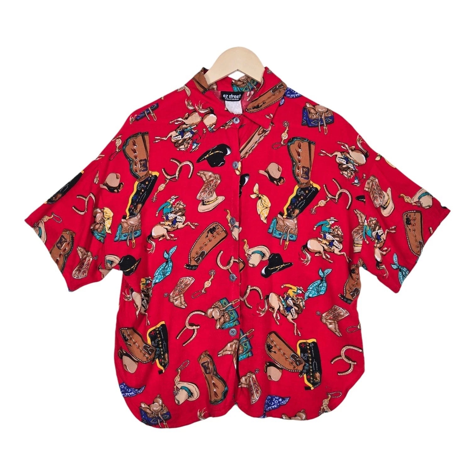 Vintage EZ Street Top L Red Western Rodeo Wild West Cowboy Novelty Camp Shirt