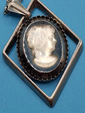 Vintage 24" Cameo Style Necklace Silver Dark Gray