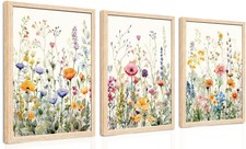 WRFON Set di 3 arte da parete in tela con fiori selvatici incorniciati, acquerello floreale botanico...