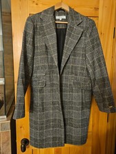 Nine West Wool Plaid Coat Womens Large Gray Black Button Overcoat NWOT