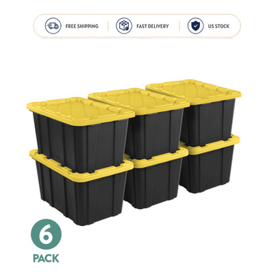 Sterilite 27 Gallon Industrial Storage Tote Snap Lid Black Yellow 6 Pack